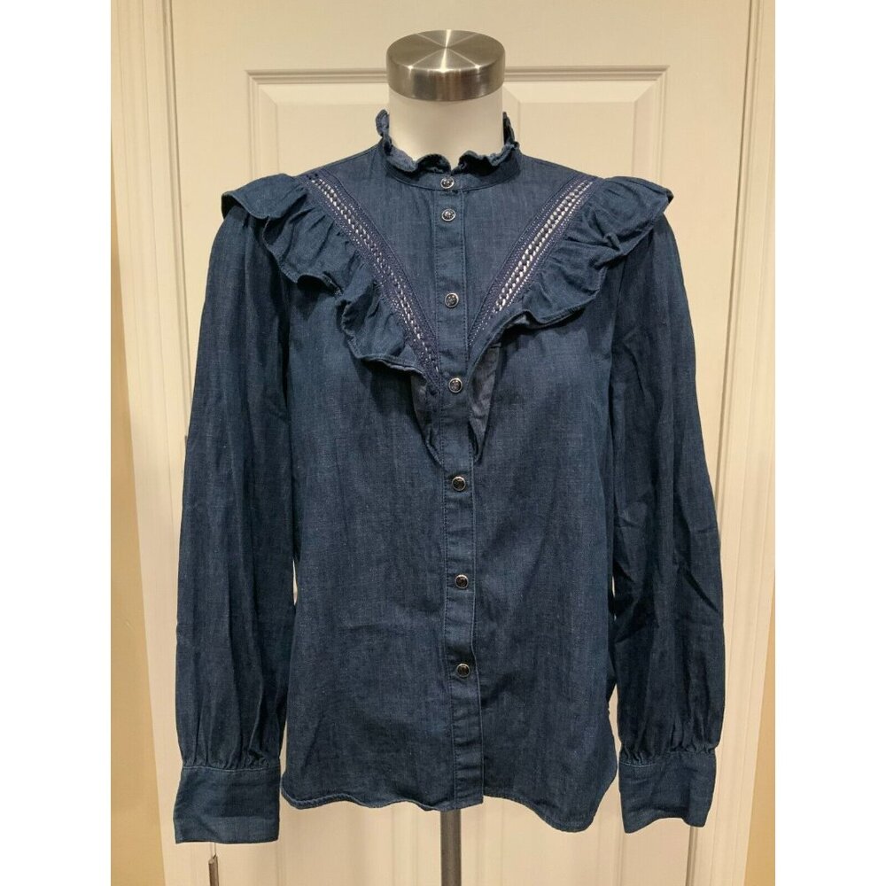 Kate Spade Dark Wash Denim Button Up Shirt W/ Ruffles, Size Medium